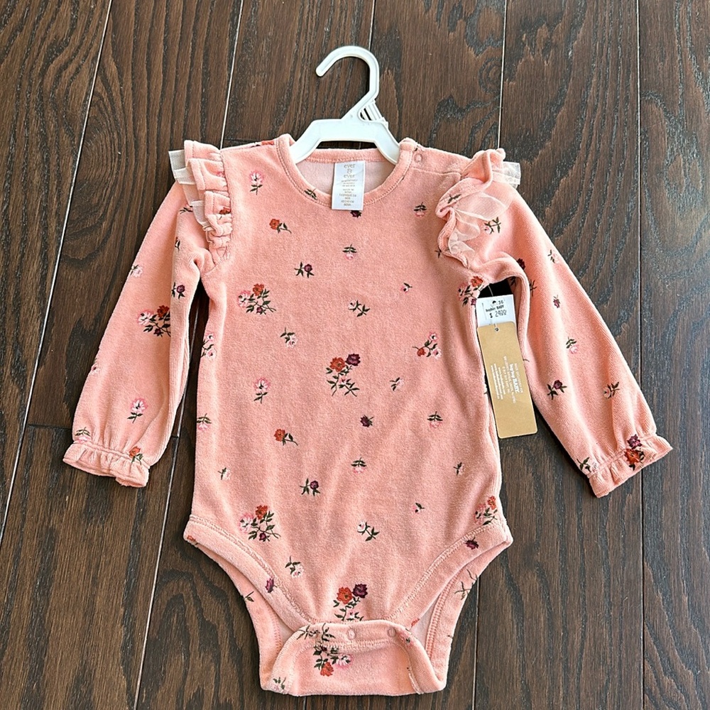 Ever & Ever Velour Floral Long Sleeve Baby Bodysuit
